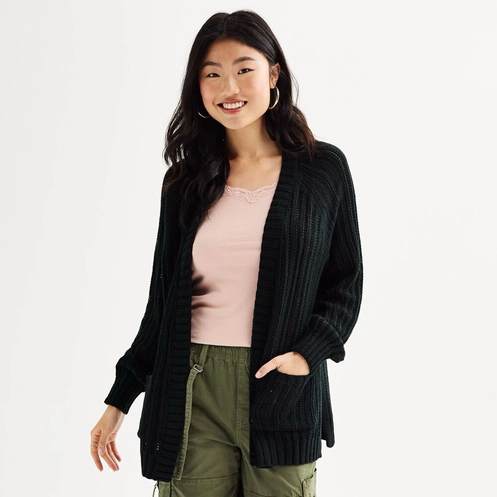 Juniors' SO Cardigan Size Xs Black Open Front Long Sleeve Pockets Ribbed Cuffs